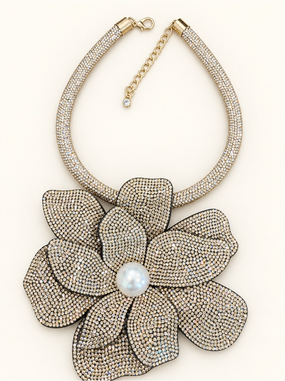 Oversized Rhinestone Flower Pearl Center Statement Necklace - Picture 3 of 3